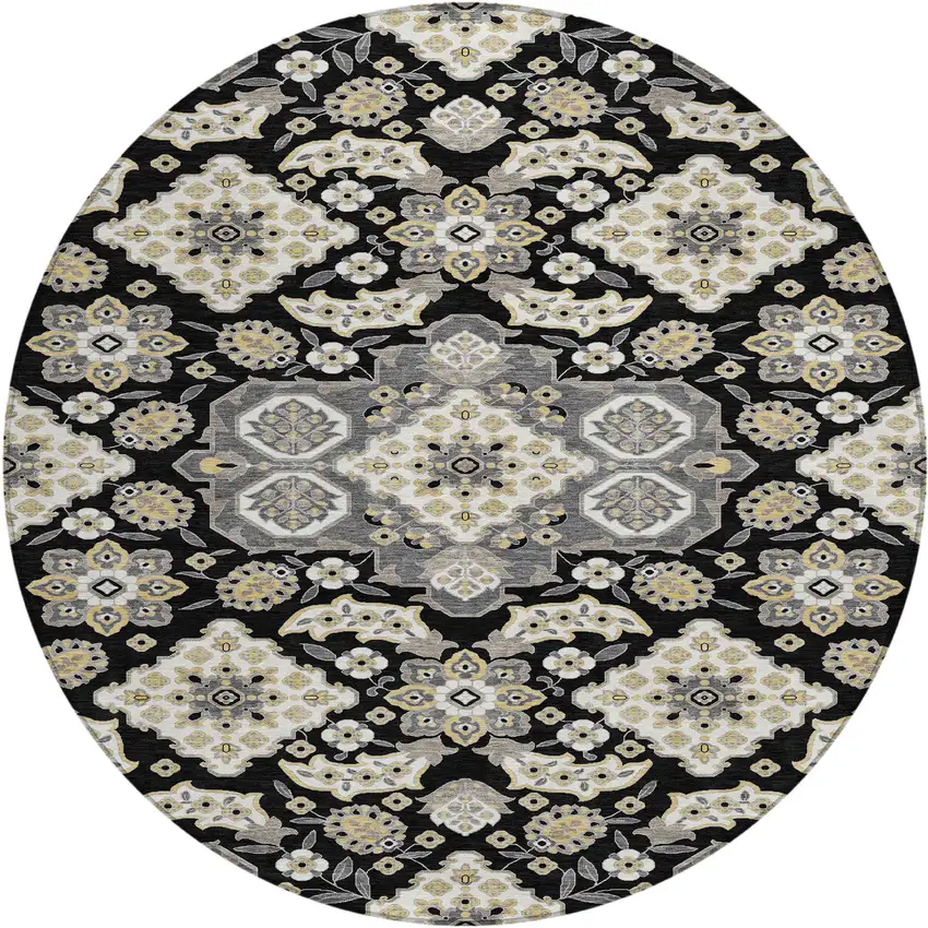 8' Black Gray And Beige Round Medallion Washable Indoor Outdoor Area Rug Photo 1