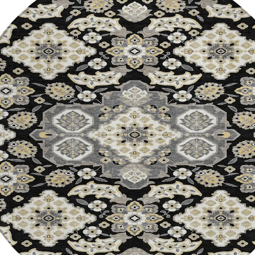 8' Black Gray And Beige Round Medallion Washable Indoor Outdoor Area Rug Photo 7
