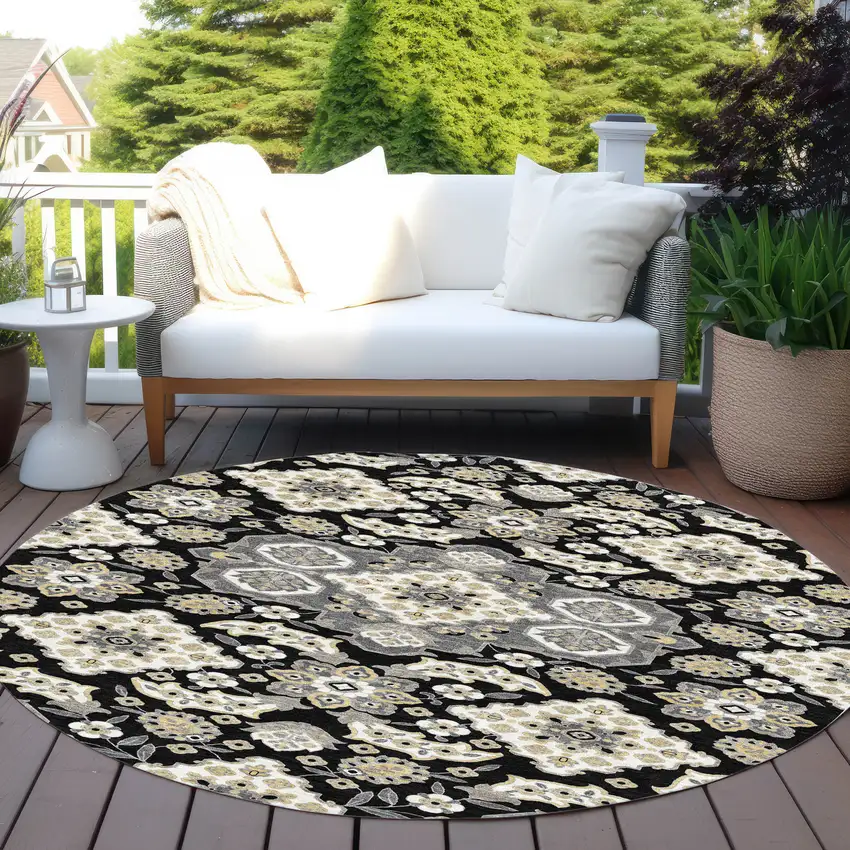 8' Black Gray And Beige Round Medallion Washable Indoor Outdoor Area Rug Photo 5