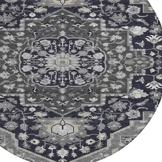 8' Black Gray And Beige Round Oriental Washable Indoor Outdoor Area Rug Photo 4