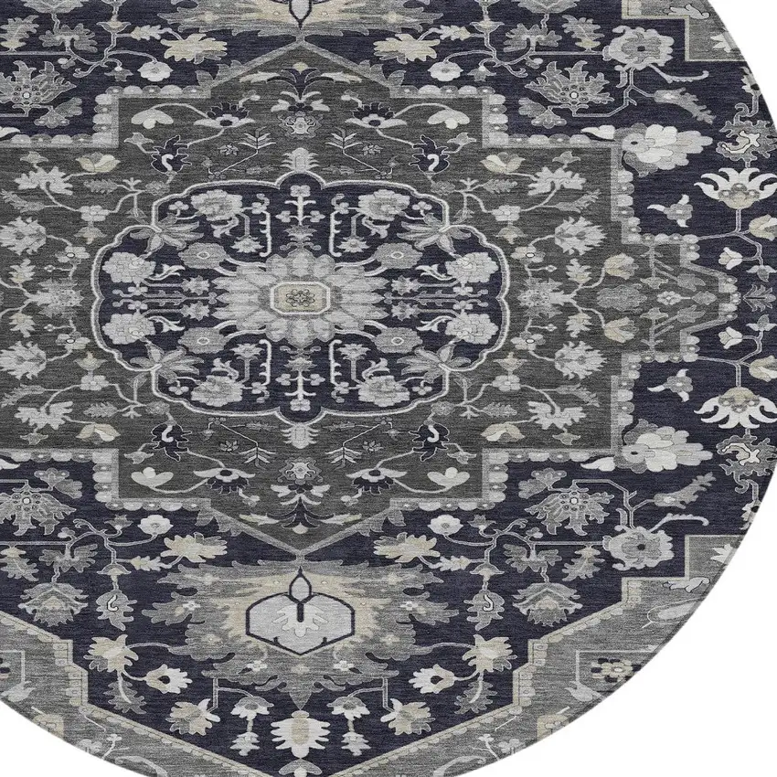 8' Black Gray And Beige Round Oriental Washable Indoor Outdoor Area Rug Photo 4