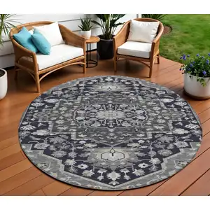Photo of 8' Black Gray And Beige Round Oriental Washable Indoor Outdoor Area Rug