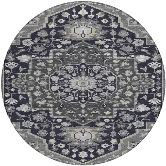 8' Black Gray And Beige Round Oriental Washable Indoor Outdoor Area Rug Photo 2