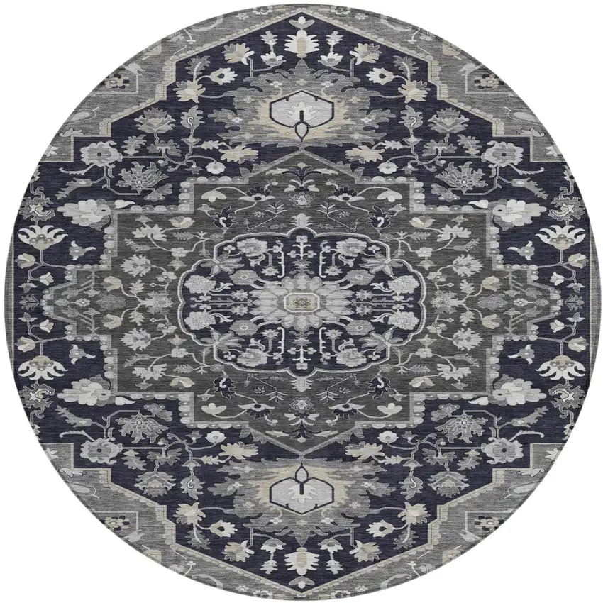 8' Black Gray And Beige Round Oriental Washable Indoor Outdoor Area Rug Photo 2