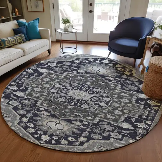 8' Black Gray And Beige Round Oriental Washable Indoor Outdoor Area Rug Photo 7