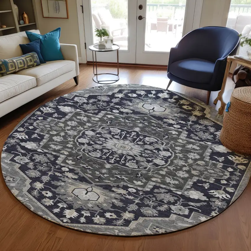 8' Black Gray And Beige Round Oriental Washable Indoor Outdoor Area Rug Photo 7