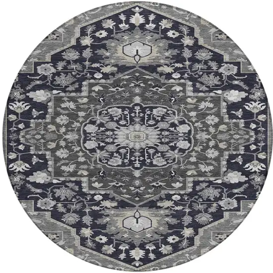 8' Black Gray And Beige Round Oriental Washable Indoor Outdoor Area Rug Photo 5