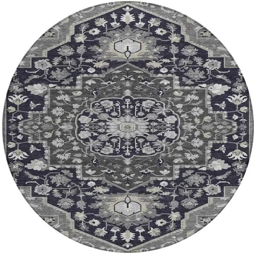 8' Black Gray And Beige Round Oriental Washable Indoor Outdoor Area Rug Photo 5