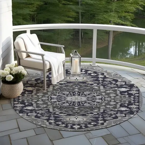 8' Black Gray And Beige Round Oriental Washable Indoor Outdoor Area Rug Photo 6