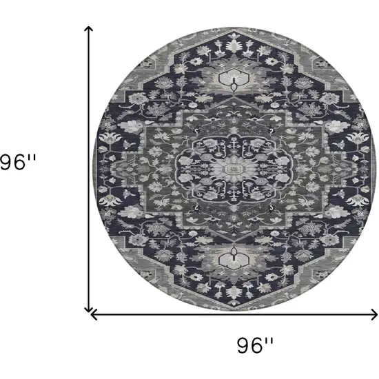 8' Black Gray And Beige Round Oriental Washable Indoor Outdoor Area Rug Photo 3