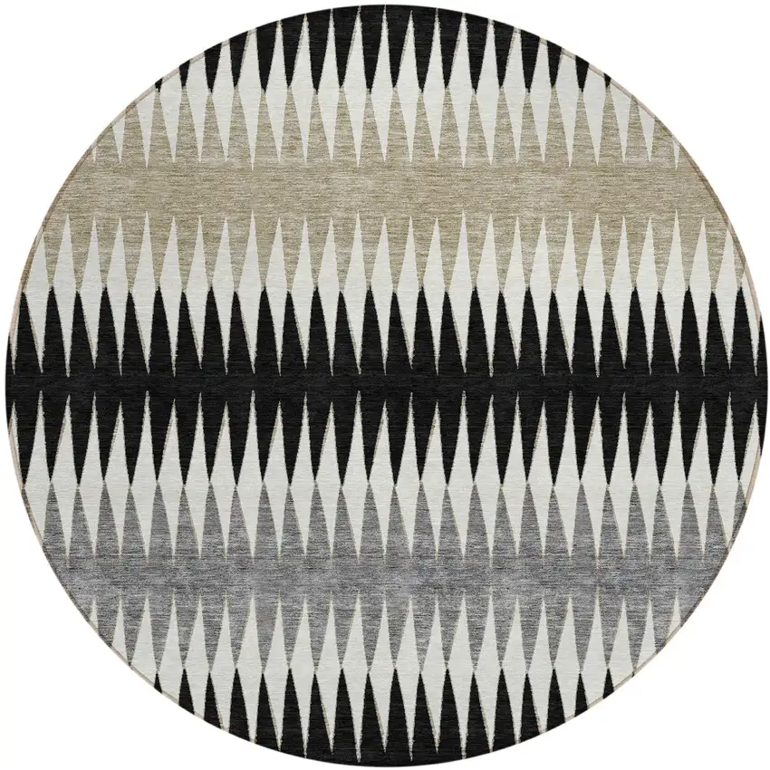 8' Black Gray And Beige Round Striped Washable Indoor Outdoor Area Rug Photo 2