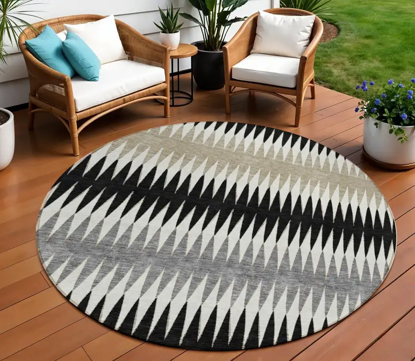 8' Black Gray And Beige Round Striped Washable Indoor Outdoor Area Rug Photo 1