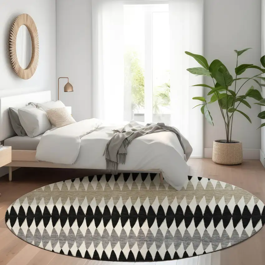 8' Black Gray And Beige Round Striped Washable Indoor Outdoor Area Rug Photo 6
