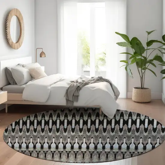 8' Black Gray And Blue Round Southwestern Washable Indoor Outdoor Area Rug Photo 7