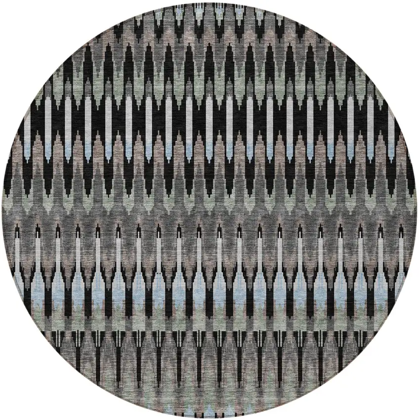 8' Black Gray And Blue Round Southwestern Washable Indoor Outdoor Area Rug Photo 5