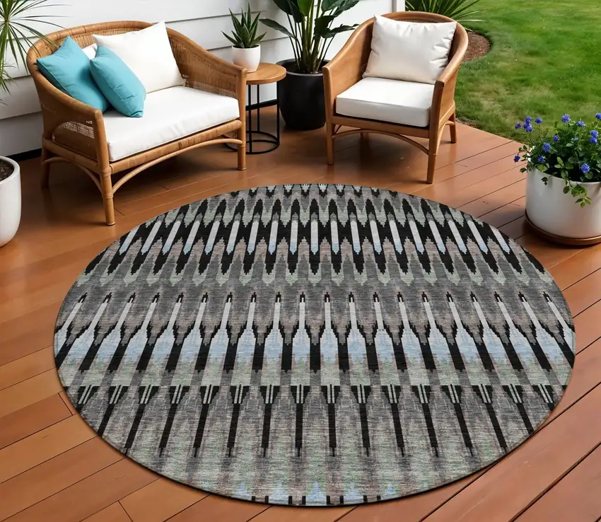 8' Black Gray And Blue Round Southwestern Washable Indoor Outdoor Area Rug Photo 1