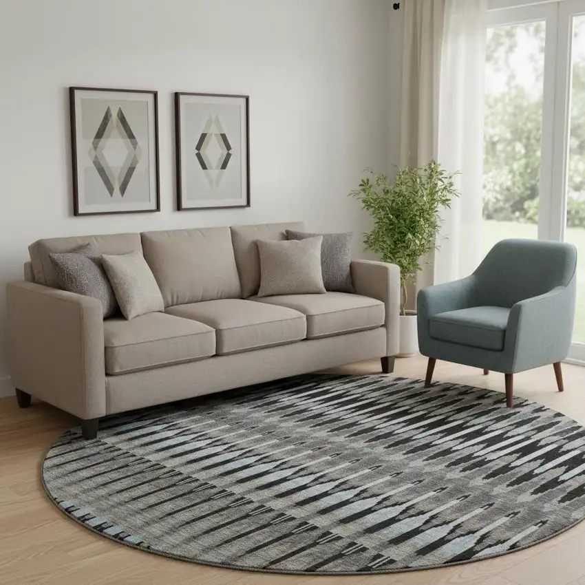 8' Black Gray And Blue Southwestern Washable Round Rug With UV Protection Photo 1