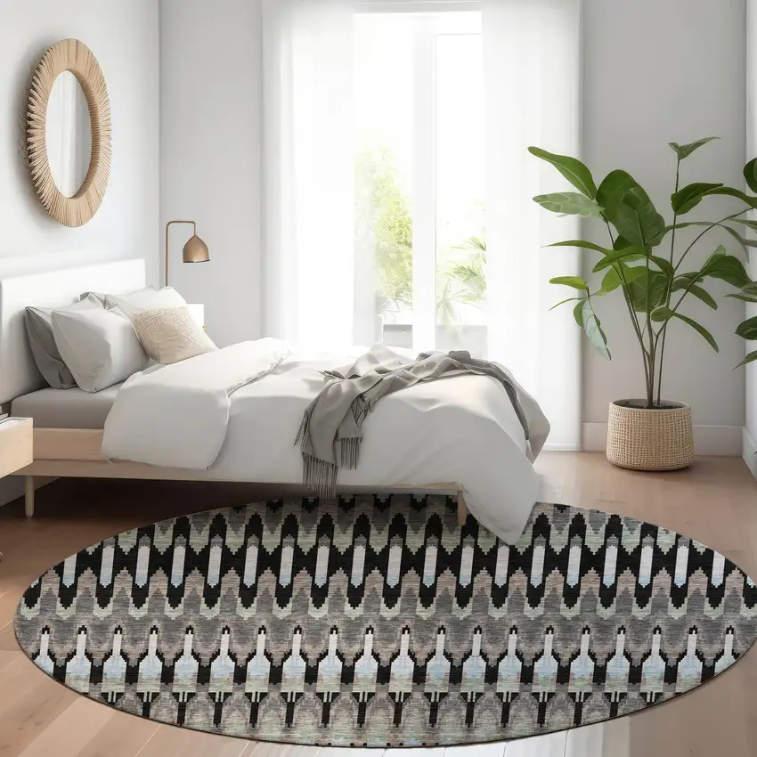 8' Black Gray And Blue Southwestern Washable Round Rug With UV Protection Photo 5