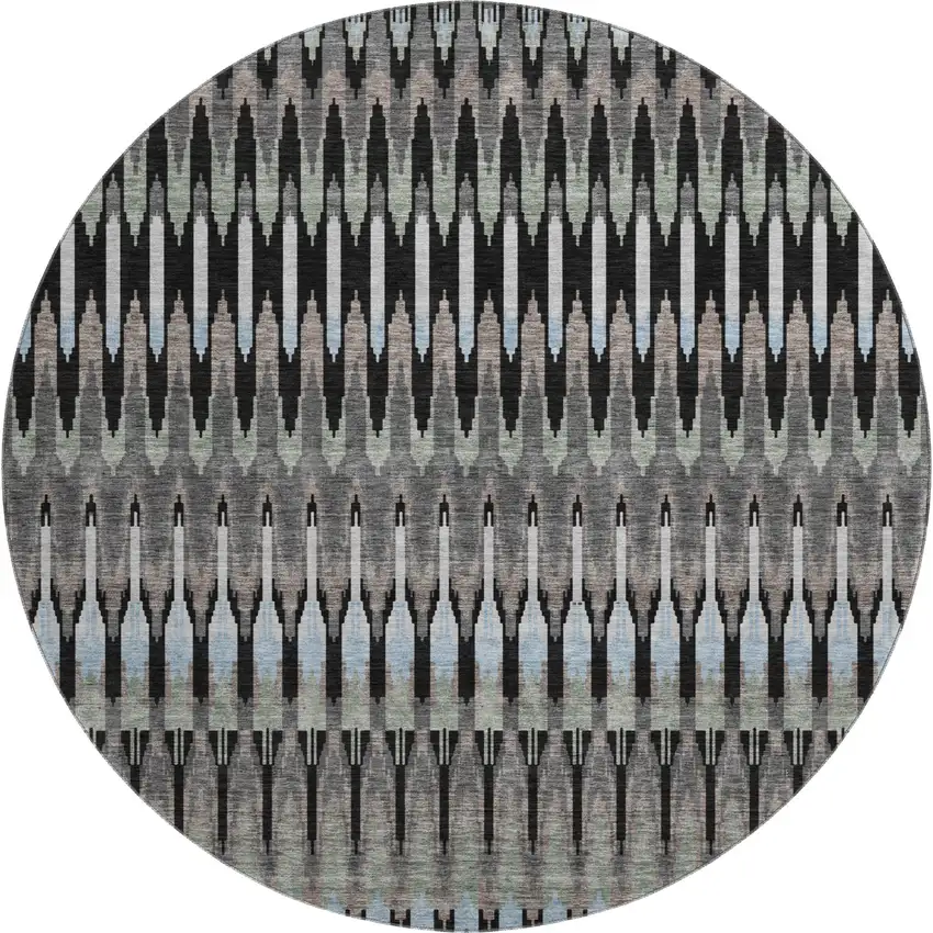 8' Black Gray And Blue Southwestern Washable Round Rug With UV Protection Photo 1