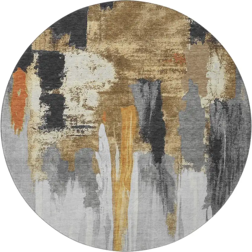 8' Black Gray And Brown Abstract Washable Round Rug With UV Protection Photo 4