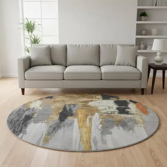 8' Black Gray And Brown Abstract Washable Round Rug With UV Protection Photo 2