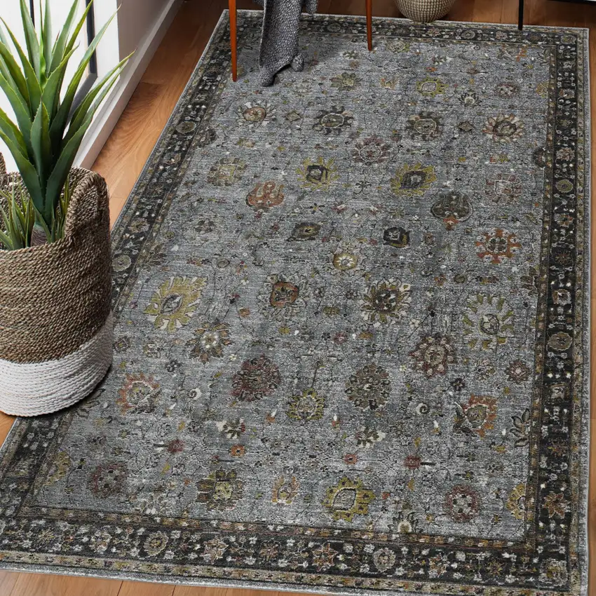 8' Black Gray And Brown Floral Runner Rug Photo 9