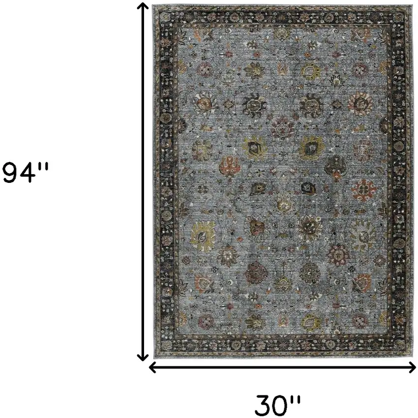 8' Black Gray And Brown Floral Runner Rug Photo 3
