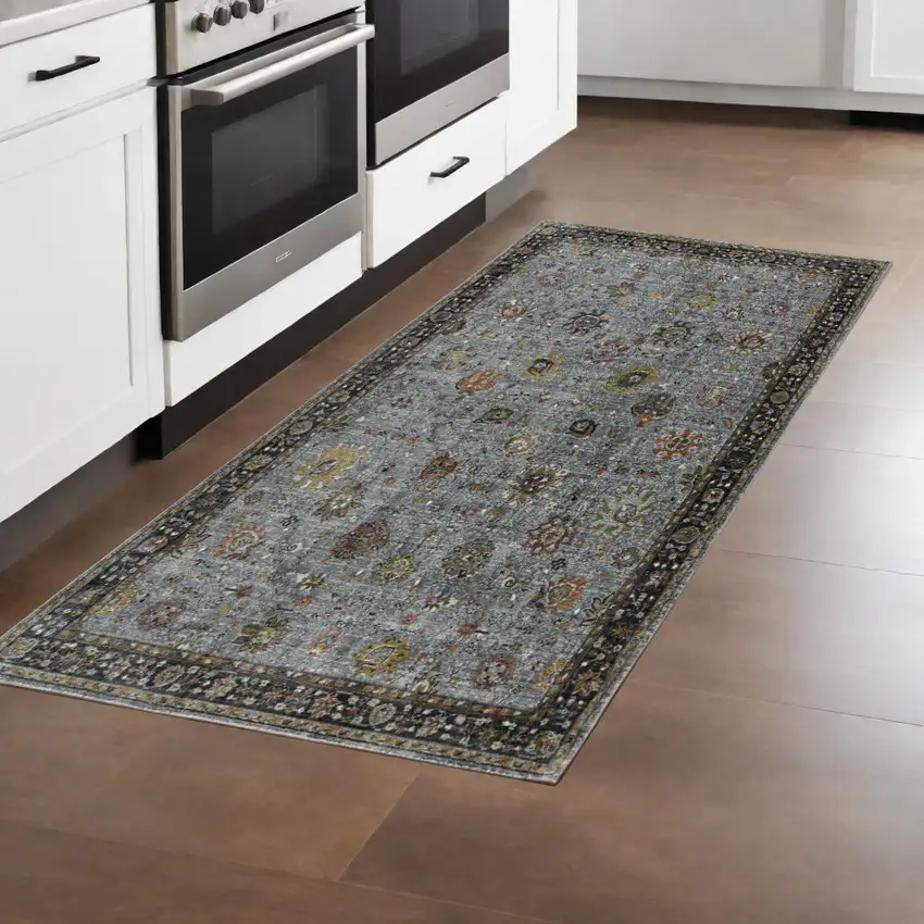 8' Black Gray And Brown Floral Runner Rug Photo 1