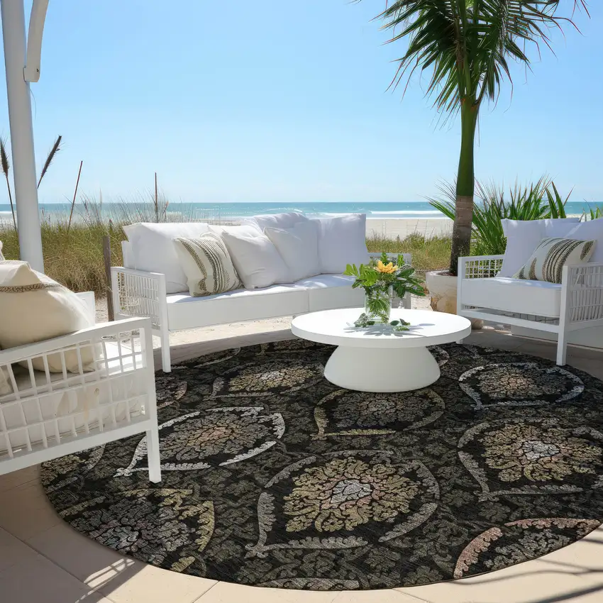 8' Black Gray And Brown Round Medallion Washable Indoor Outdoor Area Rug Photo 7