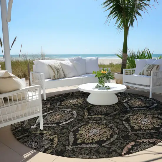 8' Black Gray And Brown Round Medallion Washable Indoor Outdoor Area Rug Photo 7