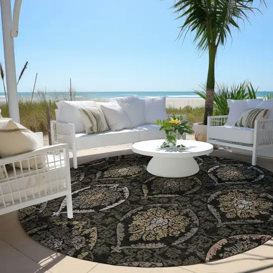 8' Black Gray And Brown Round Medallion Washable Indoor Outdoor Area Rug Photo 7