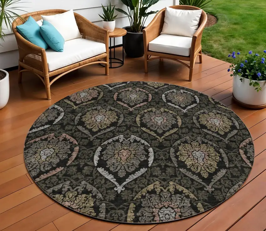8' Black Gray And Brown Round Medallion Washable Indoor Outdoor Area Rug Photo 1