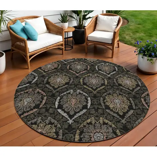 8' Black Gray And Brown Round Medallion Washable Indoor Outdoor Area Rug Photo 1