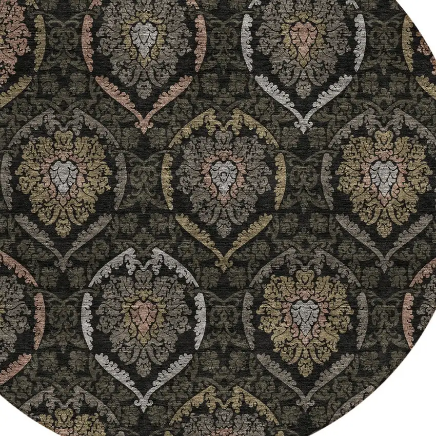 8' Black Gray And Brown Round Medallion Washable Indoor Outdoor Area Rug Photo 4