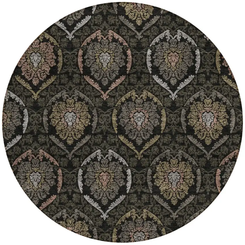 8' Black Gray And Brown Round Medallion Washable Indoor Outdoor Area Rug Photo 6
