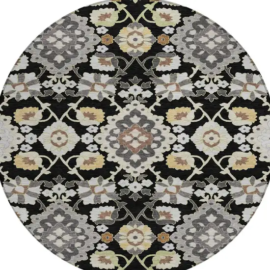 8' Black Gray And Brown Round Oriental Washable Indoor Outdoor Area Rug Photo 5
