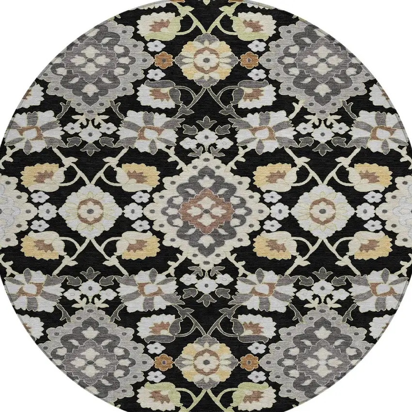 8' Black Gray And Brown Round Oriental Washable Indoor Outdoor Area Rug Photo 5