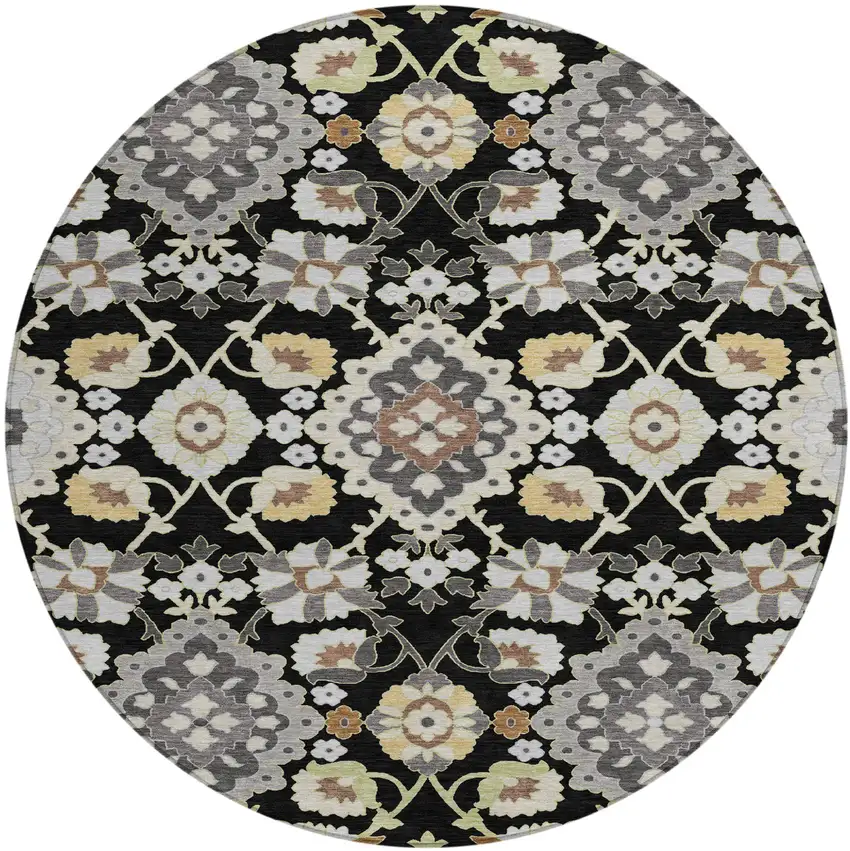 8' Black Gray And Brown Round Oriental Washable Indoor Outdoor Area Rug Photo 2