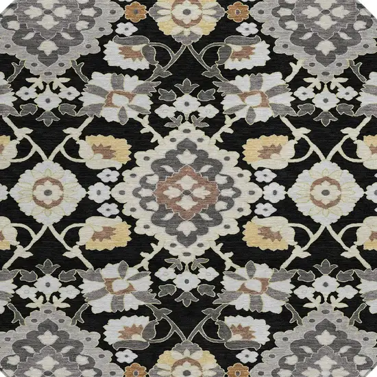 8' Black Gray And Brown Round Oriental Washable Indoor Outdoor Area Rug Photo 3