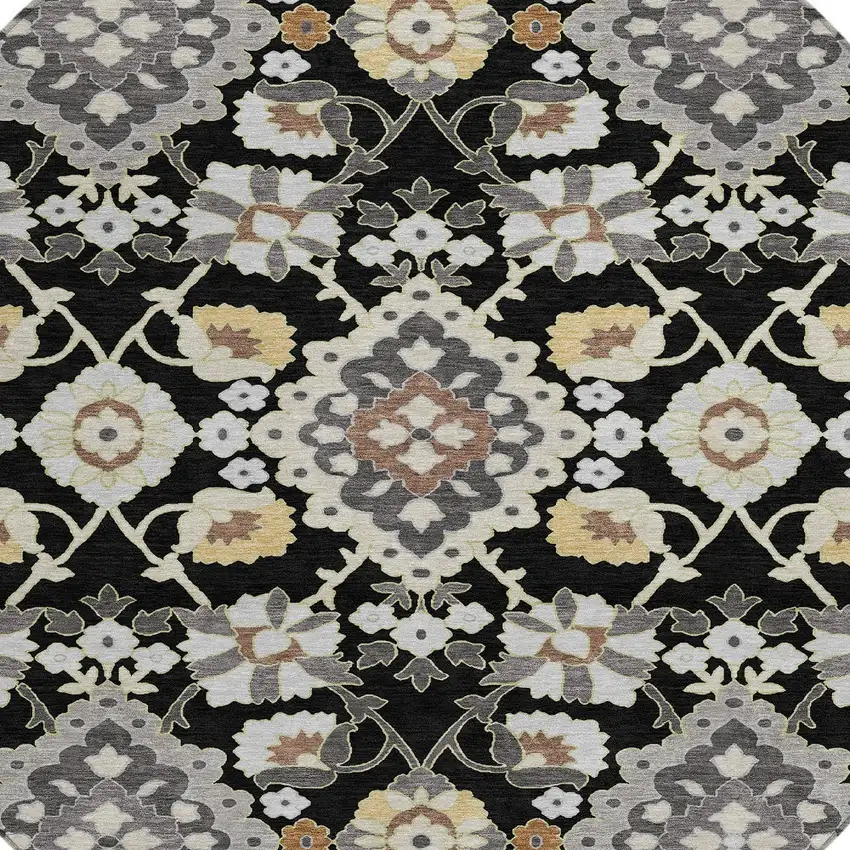 8' Black Gray And Brown Round Oriental Washable Indoor Outdoor Area Rug Photo 3