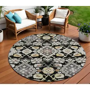 Photo of 8' Black Gray And Brown Round Oriental Washable Indoor Outdoor Area Rug