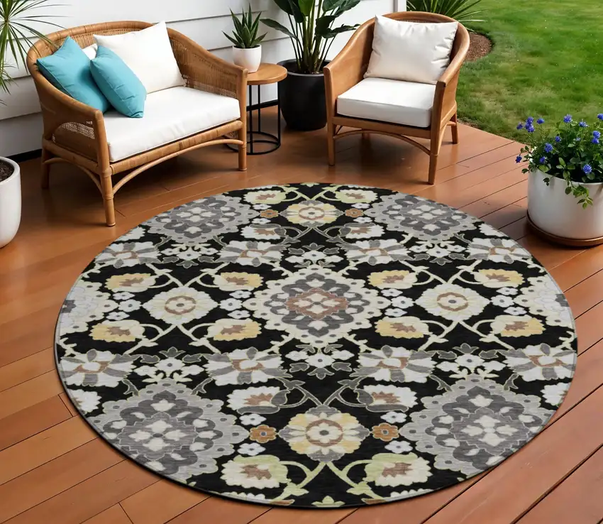 8' Black Gray And Brown Round Oriental Washable Indoor Outdoor Area Rug Photo 1
