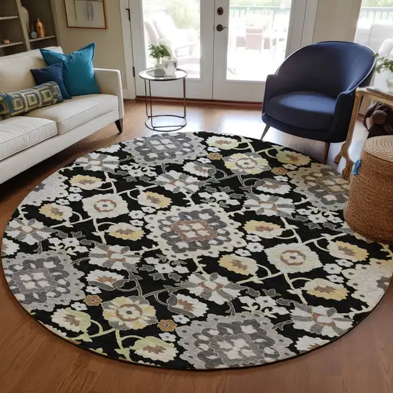 8' Black Gray And Brown Round Oriental Washable Indoor Outdoor Area Rug Photo 7