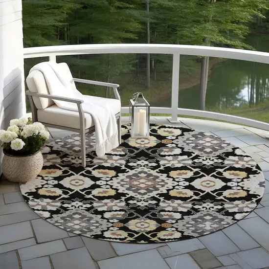 8' Black Gray And Brown Round Oriental Washable Indoor Outdoor Area Rug Photo 6