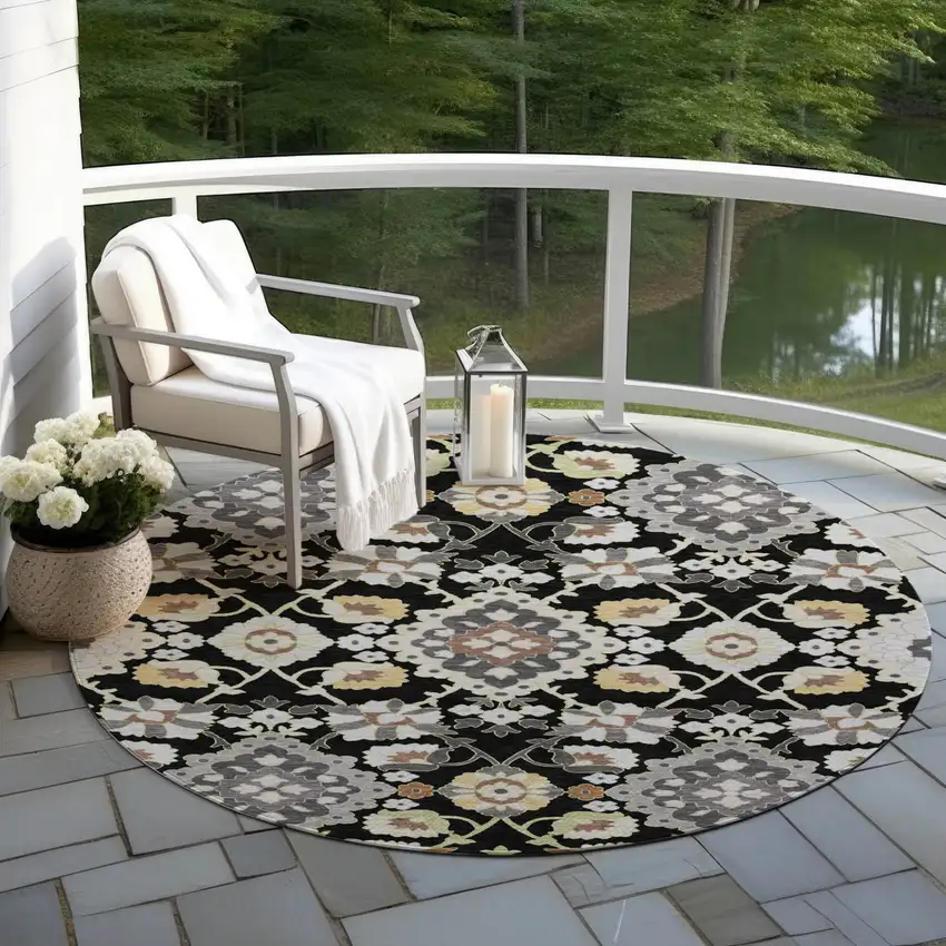 8' Black Gray And Brown Round Oriental Washable Indoor Outdoor Area Rug Photo 6
