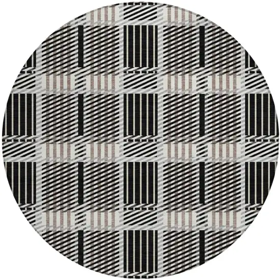 8' Black Gray And Brown Round Plaid Washable Indoor Outdoor Area Rug Photo 2