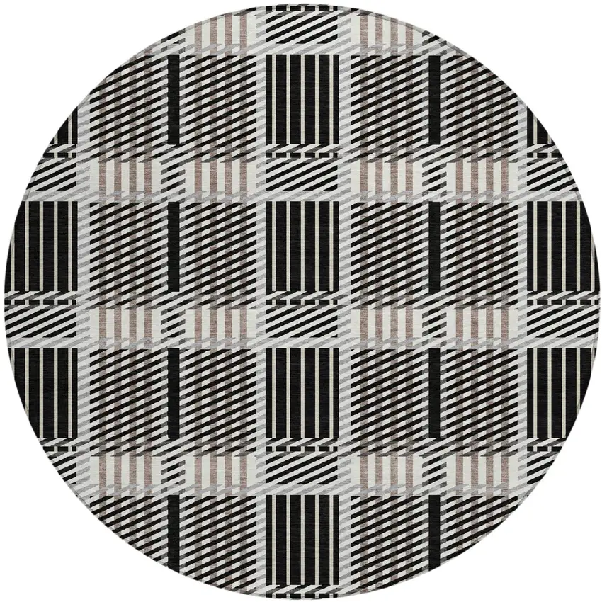 8' Black Gray And Brown Round Plaid Washable Indoor Outdoor Area Rug Photo 2