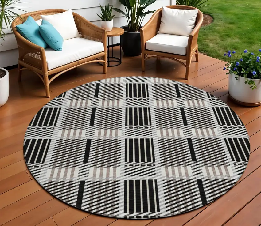 8' Black Gray And Brown Round Plaid Washable Indoor Outdoor Area Rug Photo 1
