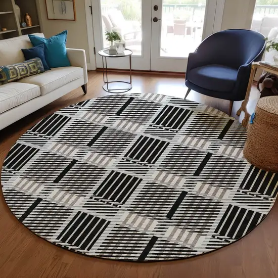 8' Black Gray And Brown Round Plaid Washable Indoor Outdoor Area Rug Photo 6