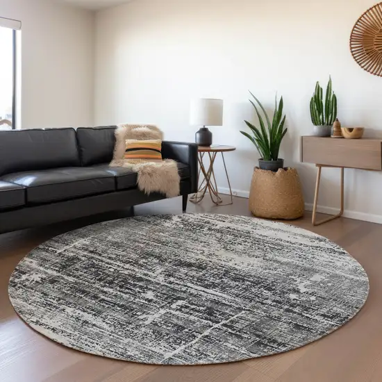 8' Black Gray And Charcoal Round Abstract Washable Indoor Outdoor Area Rug Photo 7